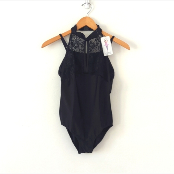 (2) NWT New Dancewear Black Mesh Lace Halter Tank Leotards Dance Gymnastics M - Picture 6 of 8